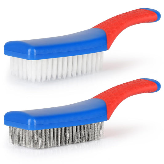 Wire Brush 2 Pack, Multi-Purpose Stainless Steel Scratch Bristle & Nylon Abrasive Brush Set for Cleaning V1258-DP02-A-224