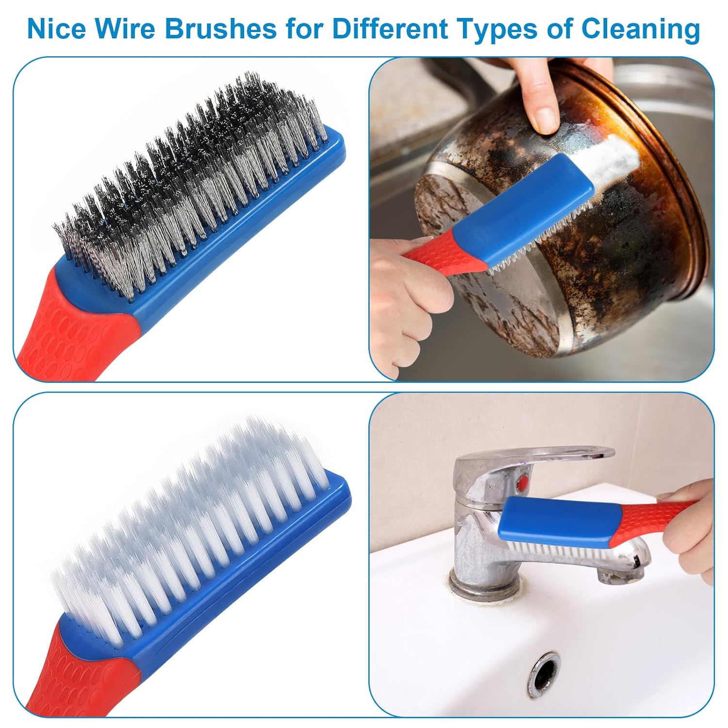 Wire Brush 2 Pack, Multi-Purpose Stainless Steel Scratch Bristle & Nylon Abrasive Brush Set for Cleaning V1258-DP02-A-224
