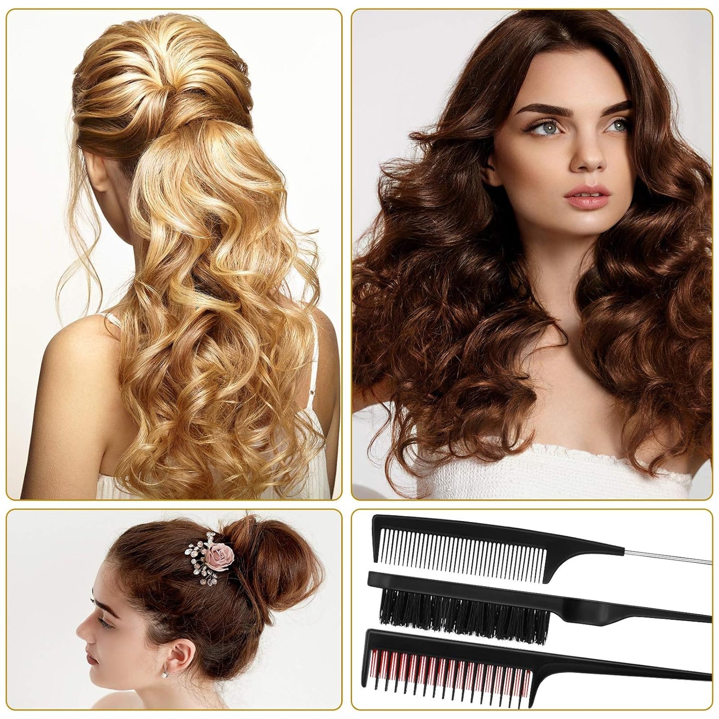 3 Pieces Hair Styling Comb Set for Women's Back Combing - Teasing/Fluffy Brush, Rat Tail Comb, and Triple V1258-DP02-A-2305