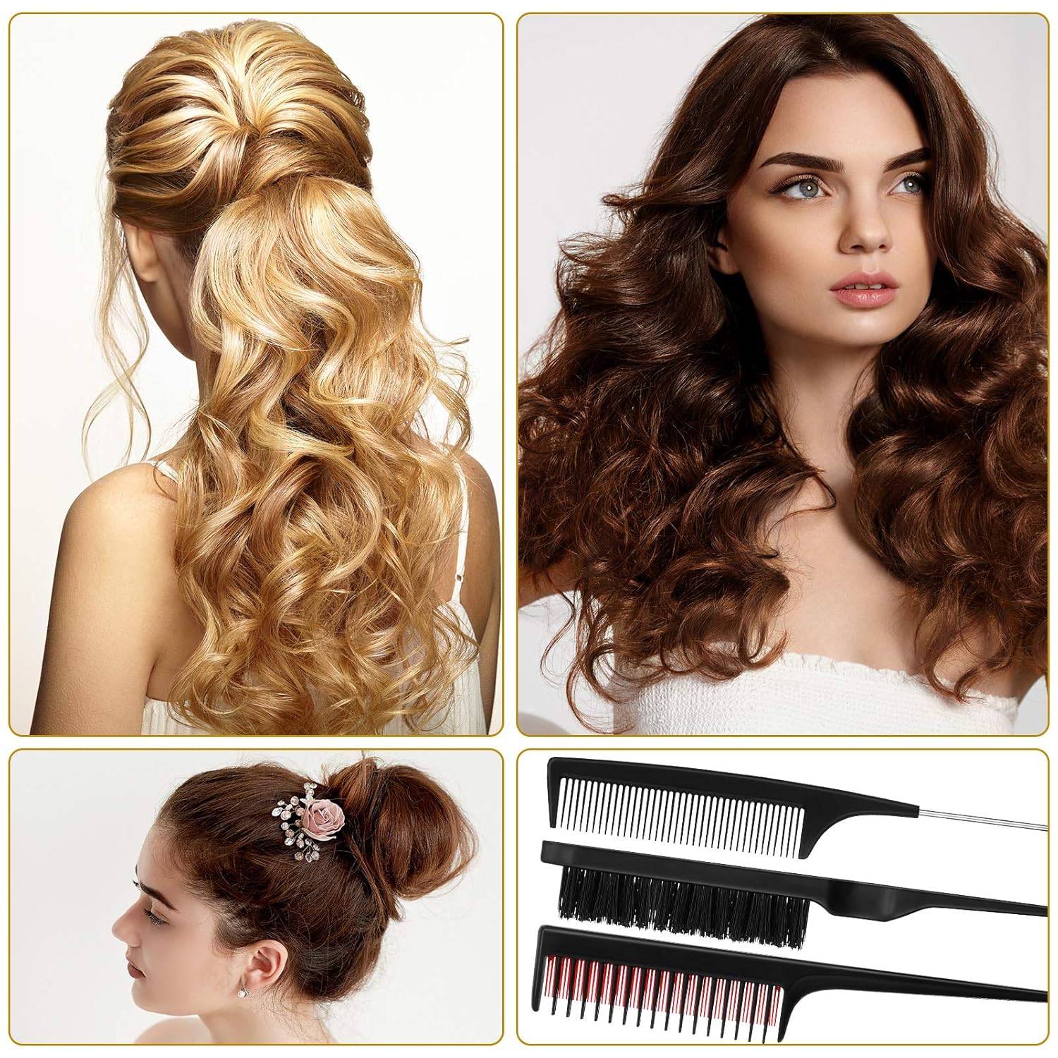 3 Pieces Hair Styling Comb Set for Women's Back Combing - Teasing/Fluffy Brush, Rat Tail Comb, and Triple V1258-DP02-A-2305