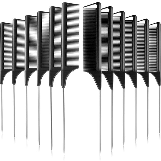 12 Pieces Rat Tail Comb Carbon Fiber Parting Set, Stainless Steel Tail Hair Comb Heat Resistant Teasing for V1258-DP02-A-2310
