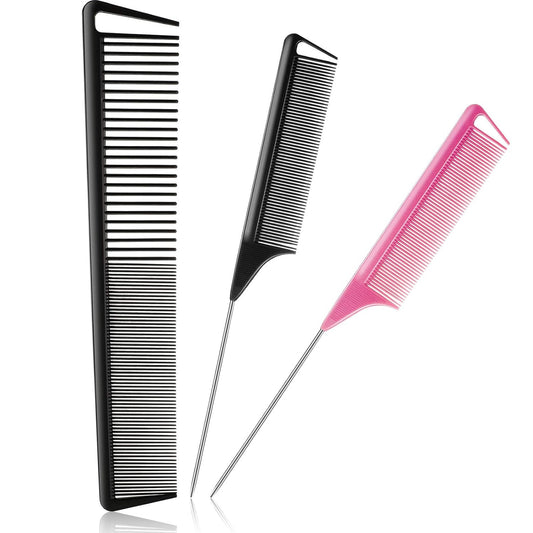 3 Pcs Rat Tail Parting Comb for Braids Carbon Fiber Stainless Steel Pintail Teasing Combs Heat Resistant with V1258-DP02-A-2316