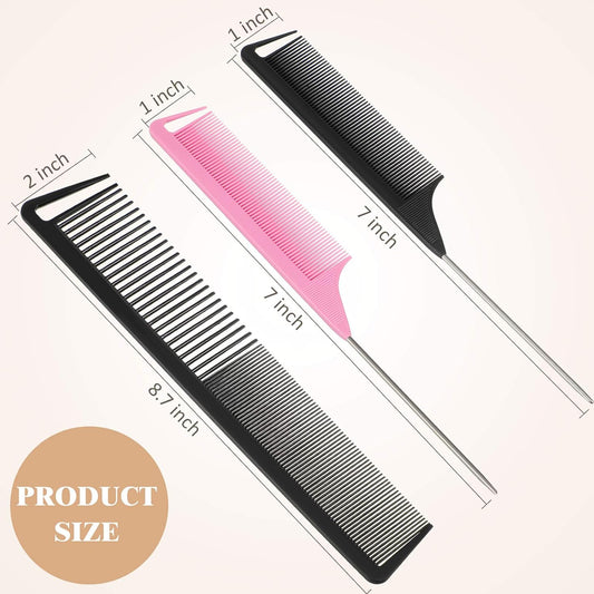 3 Pcs Rat Tail Parting Comb for Braids Carbon Fiber Stainless Steel Pintail Teasing Combs Heat Resistant with V1258-DP02-A-2316