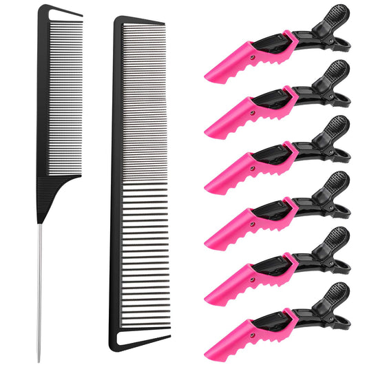 Hair Comb Set, 8 Pieces Rat Tail Combs, Teasing Combs, and Hand-held Alligator Clips, Carbon Fiber & Metal, V1258-DP02-A-2319