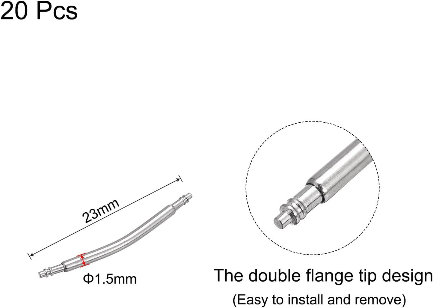 20mm Curved Spring Bar Pins 1.5mm Dia Stainless Steel Double Flanged End Watch Band Link Pin 20pcs V1258-DP02-A-2327