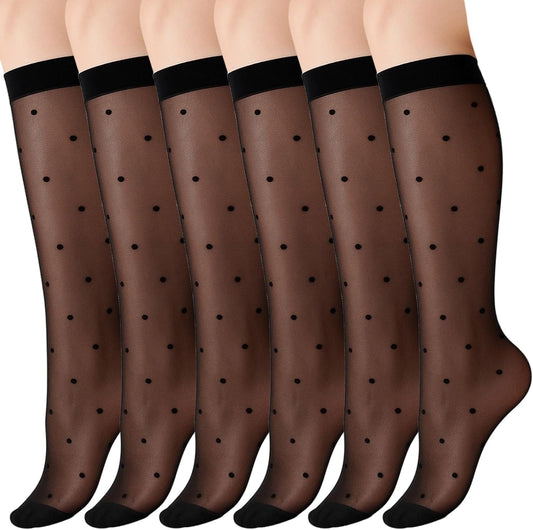 3 Pairs Women's Sheer Knee High Stockings, Black Dot Sheer Thin Socks, Stretchy Breathable Knee High Socks V1258-DP02-A-2371