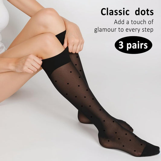 3 Pairs Women's Sheer Knee High Stockings, Black Dot Sheer Thin Socks, Stretchy Breathable Knee High Socks V1258-DP02-A-2371