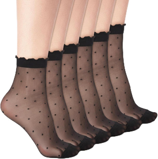3 Pairs Women Sheer Ankle Socks, Ruffle Polka Dot Lace Mesh Black Sheer Socks, Nylon Stretchy Breathable Thin V1258-DP02-A-2377