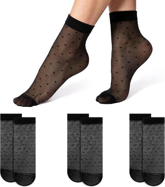 3 Pairs Women Sheer Ankle Socks, Black Polka Dot Short Stockings with Dots Patterns, Nylon Mesh Lace V1258-DP02-A-2378