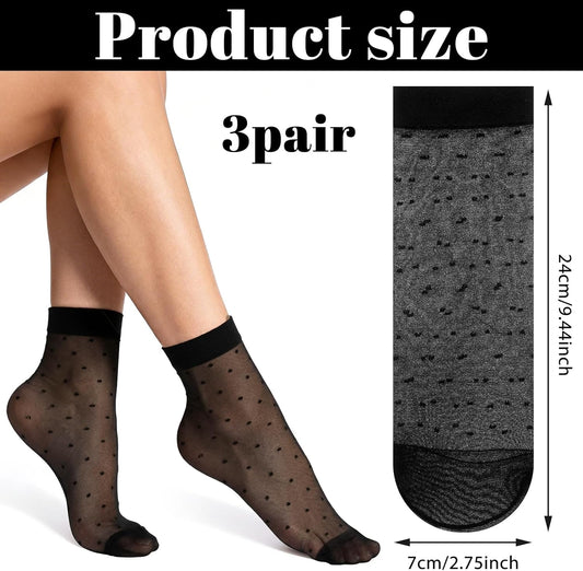 3 Pairs Women Sheer Ankle Socks, Black Polka Dot Short Stockings with Dots Patterns, Nylon Mesh Lace V1258-DP02-A-2378