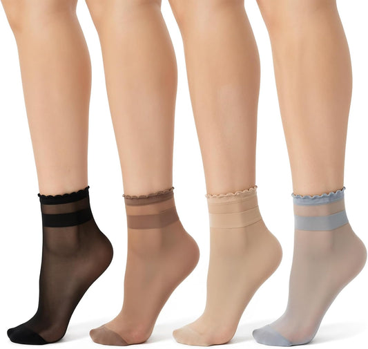 8 Pairs Womens Sheer Ruffle Socks, Ultra Thin Nude Ankle Socks, See Through Silk Nylon Stockings, Anti-Slip V1258-DP02-A-2380