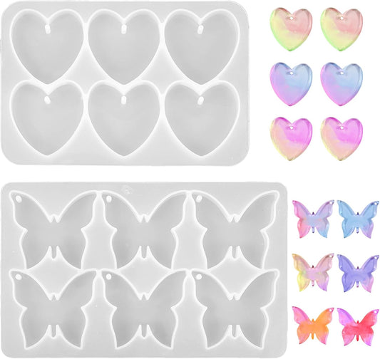 Butterfly Molds Silicone, 2 Pack Fondant Molds 6 Grids Epoxy Resin Mold with Hole Keychain Pendant Mold Heart V1258-DP02-A-2394