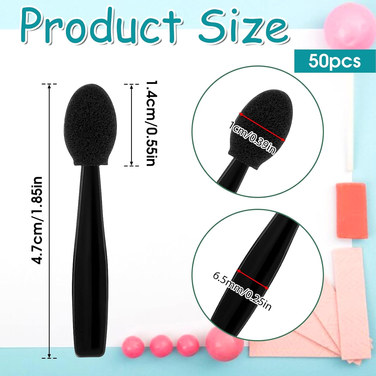 50 Pcs Eye Shadow Applicator Sticks, 1.9" Reusable Short Handle Dual Sided Sponge Cosmetic Brushes, V1258-DP02-A-2406