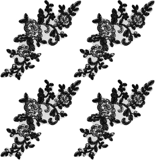 Appliques Patches, 4PCS Lace Embroidery Patches Black Embroidery Sequin Laces Appliques Lace Patch Sequin V1258-DP02-A-2415