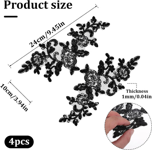 Appliques Patches, 4PCS Lace Embroidery Patches Black Embroidery Sequin Laces Appliques Lace Patch Sequin V1258-DP02-A-2415
