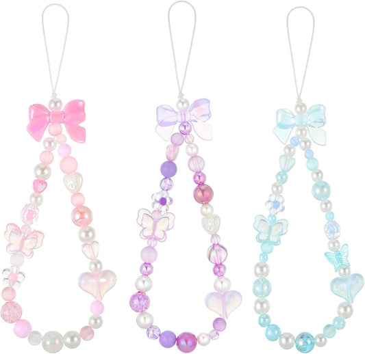 Beaded Phone Charms Strap, 3 Pcs Camera Charm Strap Wristlet Keychain Butterfly Flower Heart Bow Lanyard V1258-DP02-A-2447
