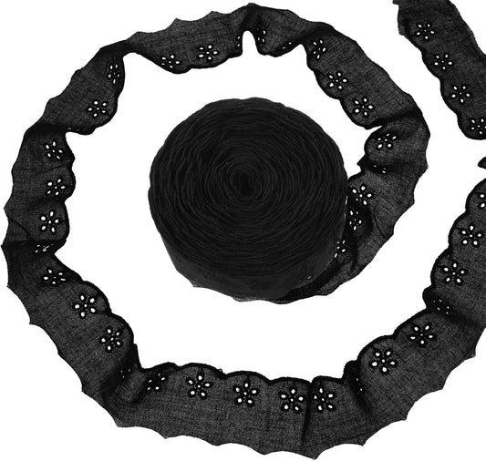 15 Yards Black Lace Trim, 1-5/8 inch Black Floral Embroidery Ruffle Cotton Lace Trim Wavy Edge Eyelet-Lace V1258-DP02-A-2449