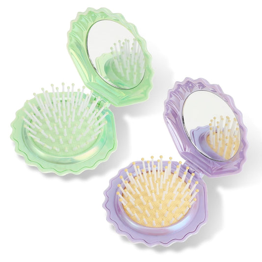 2 PCS Shell Folding Hair Brush with Mirror, Foldable Mini Hairbrush Retractable Purse Combs Cute Small Travel V1258-DP02-A-2461