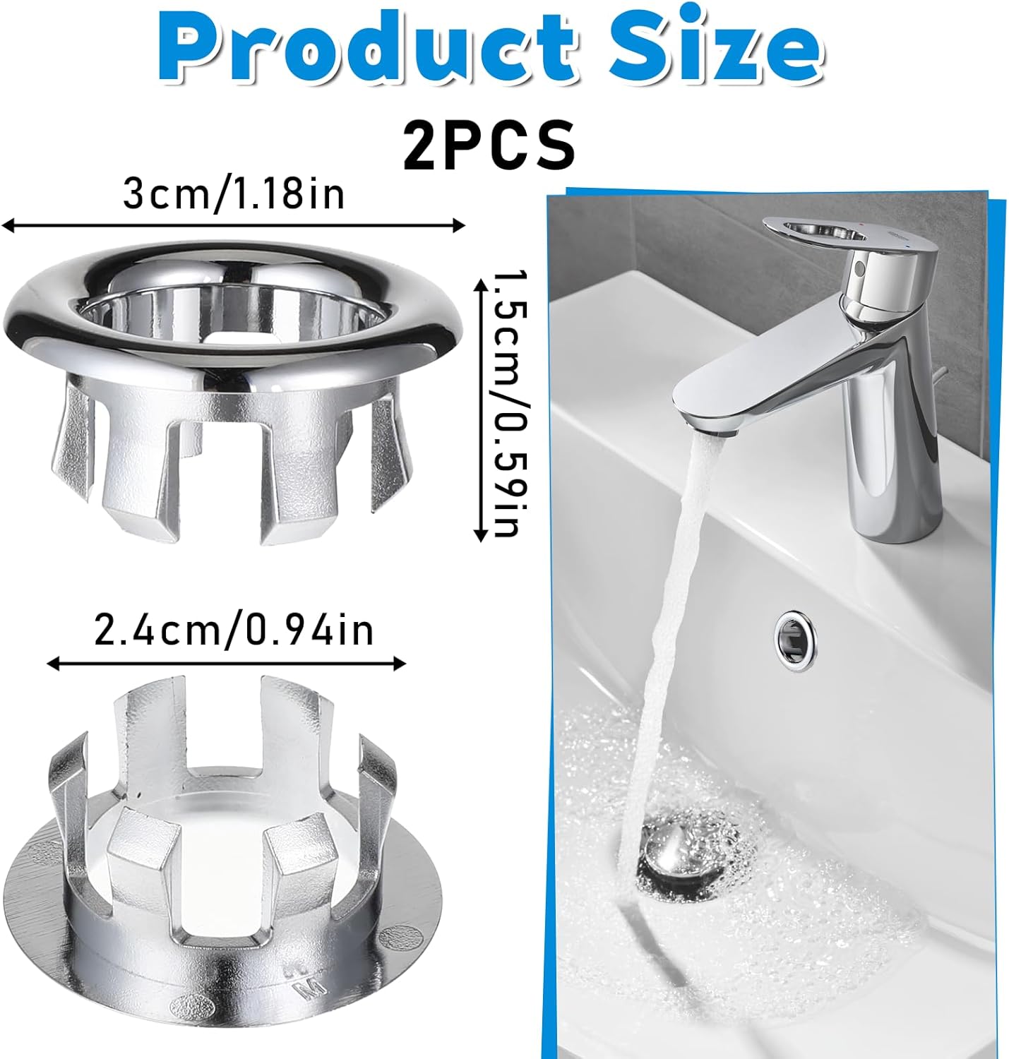 Sink Overflow Ring, 2 Pack Universal Bathroom Kitchen Sink Hole Trim Chrome Drain Cover, Overflow Trim Ring V1258-DP02-A-2466