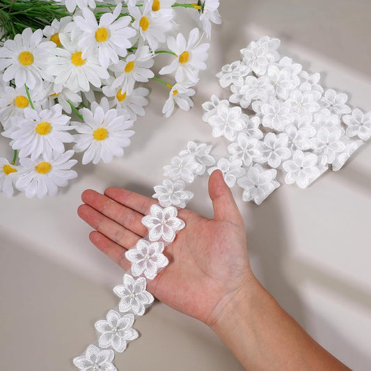 2 Yards White Flower Lace Pearl Trim, Flower Trim Ribbon 3D Pearl Beads Embroidered Floral Applique Fabric V1258-DP02-A-2470