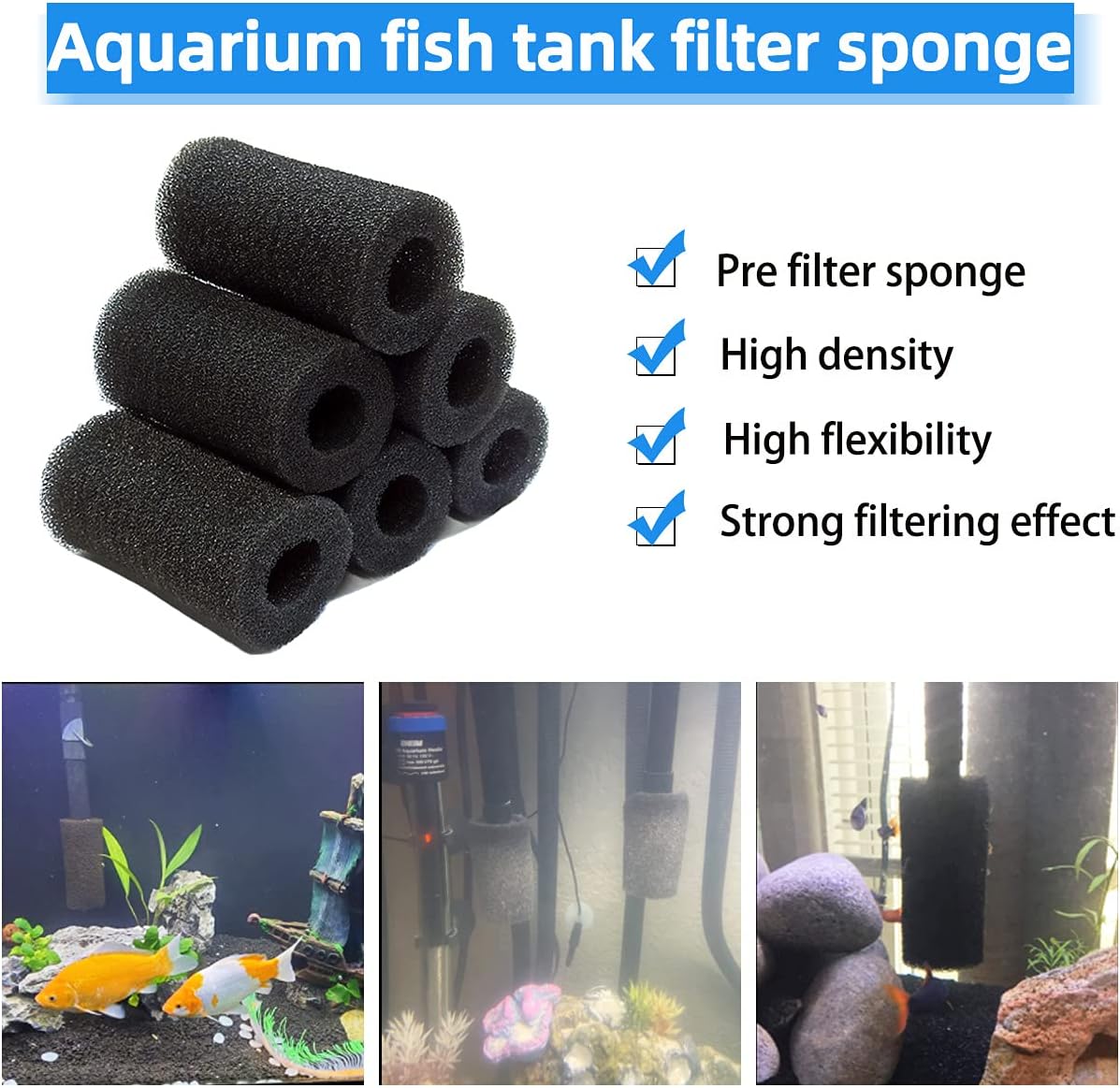6pcs Pre-Filter Sponge, Pre Filter Foam Sponge Roll for Aquarium Fish Tank (6 x 3.5cm /2.4x1.4 inch) V1258-DP02-A-301
