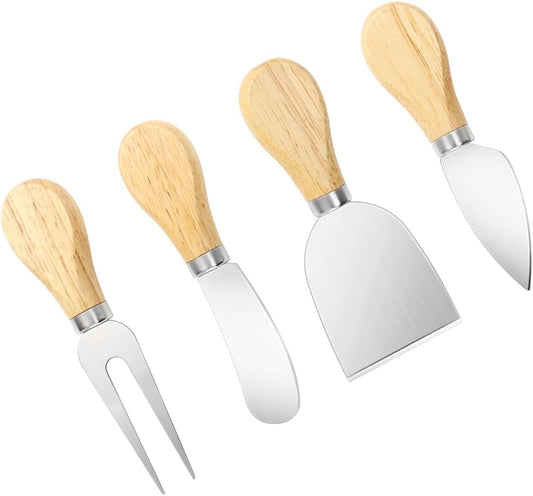 4-Piece Mini Wooden Handle Stainless Steel Cheese Set - Slicer, Knife, Fork, Butter Knife for Charcuterie & V1258-DP02-A-315