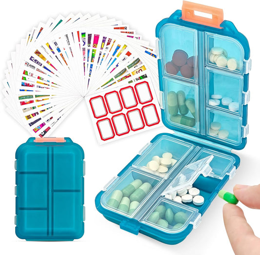 Pill Organizer with Medicine Labels, 10 Compartments Travel Pill Box with Removable Labels, Portable Foldable V1258-DP02-A-346