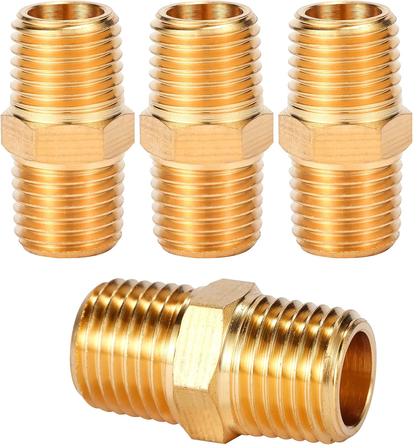 4 pcs Solid Brass Pipe Fitting, Hex Nipple, 1/4" x 1/4" NPT Male Pipe Adapter (O.D x O.D: 1/2'' x 1/2'') V1258-DP02-A-35