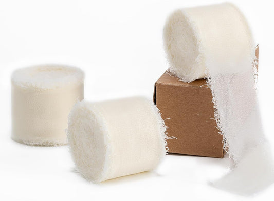 Ivory Handmade Chiffon Ribbon,1.5Inch x 3 Rolls Total 24 Yards Ivory Fringe Chiffon Silk Ribbon,for Wrapping V1258-DP02-A-380