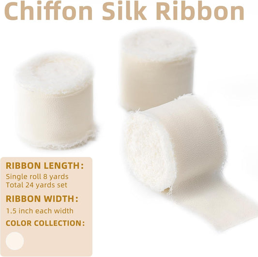 Ivory Handmade Chiffon Ribbon,1.5Inch x 3 Rolls Total 24 Yards Ivory Fringe Chiffon Silk Ribbon,for Wrapping V1258-DP02-A-380