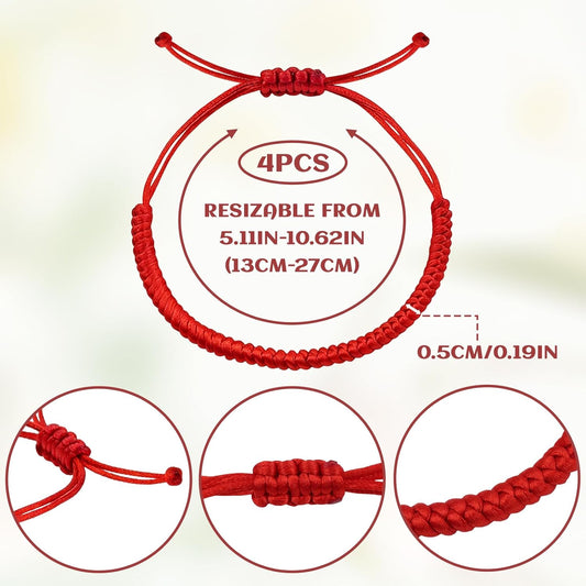 4-Pack Red Bracelets - Braided Lucky Cord Bracelet Strap for Women & Man - Adjustable Knot Red String V1258-DP02-A-382