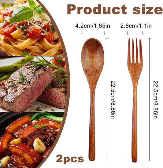 2Pcs Wooden Spoons and Forks - Reusable Wooden Utensil Set - Handmade Flatware Tableware Cutlery for Cooking V1258-DP02-A-389