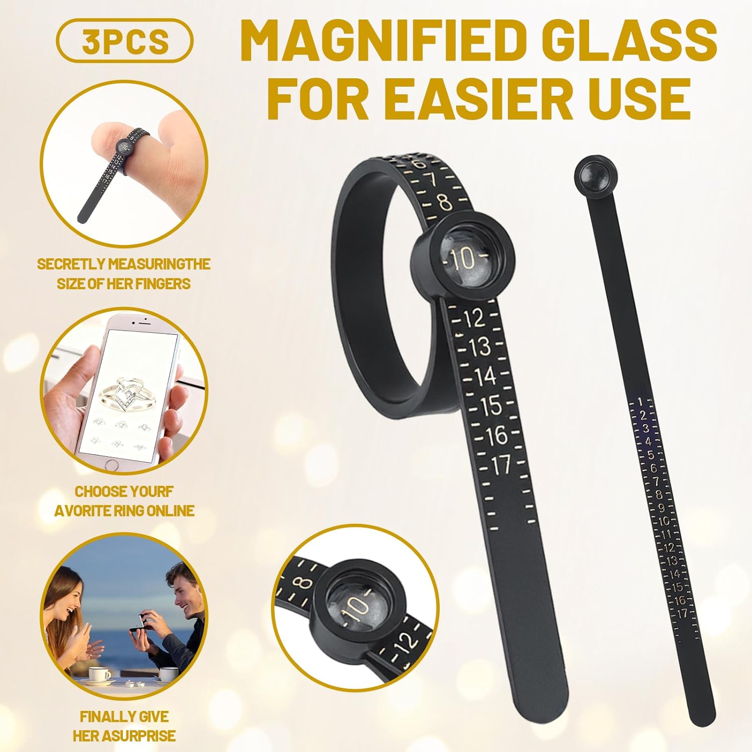 3-Pack Ring Sizer Measuring Tool with Magnifier, 1-17 USA Ring Size Measurer - Reusable Ring Finger Sizer V1258-DP02-A-391