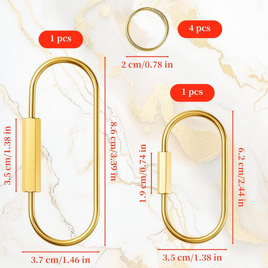 2-Pack Gold Brass Screw Lock Keychains with 4 Rings, Gold Carabiner Key Ring Keychain - 2 Sizes Keychain Clip V1258-DP02-A-398