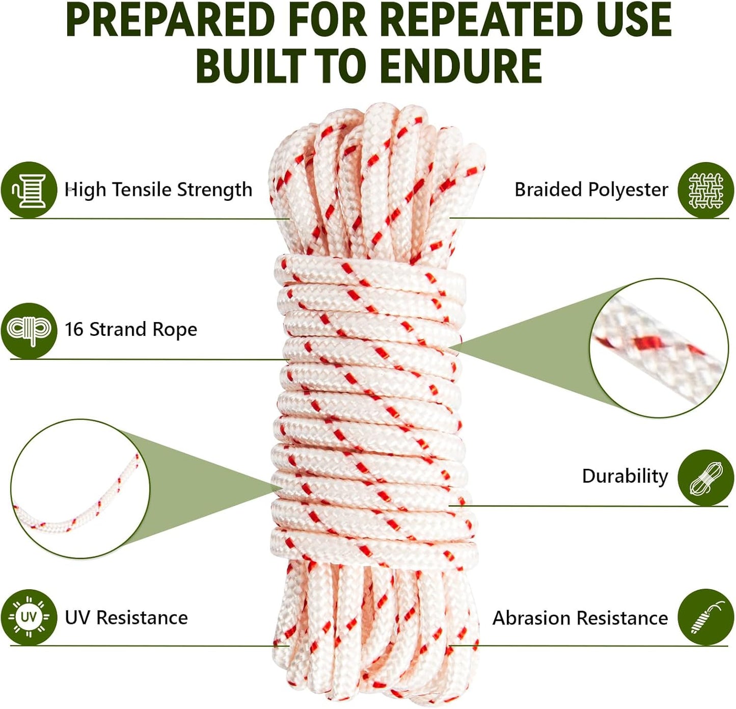3 Pack, 10 ft x 9/64" (3.5mm) Pull Cord Rope with Handle, Premium Starter Rope with High Tensile Strength, V1258-DP02-A-41