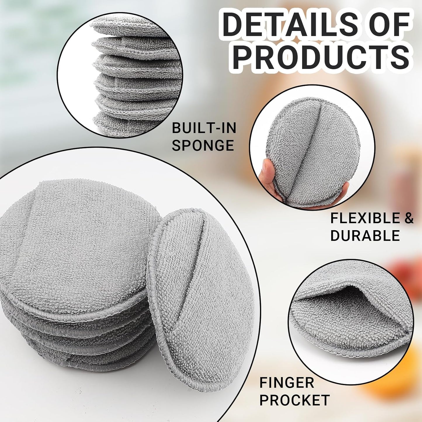 6Pcs 5'' Wax & Oil Applicator Pads - Reusable Microfiber Cleaning Pad - Scratch-Free Sponge Pads for Cutting V1258-DP02-A-417