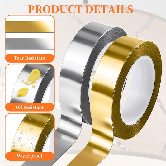 4 Rolls/110 Yard Metallic Mirror Tape - Gold & Silver 1/2'' Decorative Tapes - Self Adhesive Polyester Film V1258-DP02-A-427