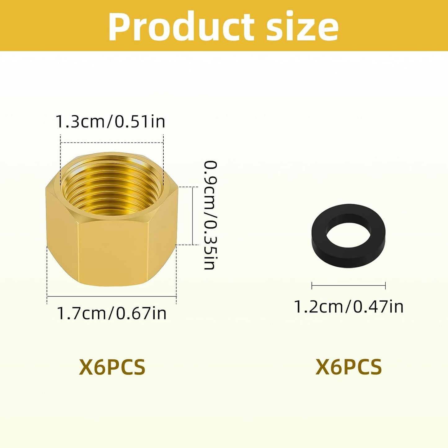 6pcs Brass Pipe Cap, 1/4 Inch NPT Hex Head Pipe Fitting Caps with Rubber Gasket Faucet Valve Caps Brass V1258-DP02-A-449