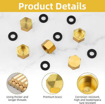 6pcs Brass Pipe Cap, 1/4 Inch NPT Hex Head Pipe Fitting Caps with Rubber Gasket Faucet Valve Caps Brass V1258-DP02-A-449