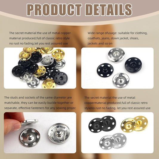 24Set 1Inch/25mm Large Sew-on Snap Buttons for Clothes - Sew on Snaps Sewing Snaps for Fabric - Metal Snaps V1258-DP02-A-450