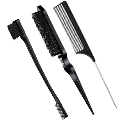 3 Pcs Slick Back Hair Brush Set Bristle Brush Edge Control Teasing Comb for Women Black Hair(Black) V1258-DP02-A-46