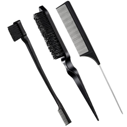 3 Pcs Slick Back Hair Brush Set Bristle Brush Edge Control Teasing Comb for Women Black Hair(Black) V1258-DP02-A-46