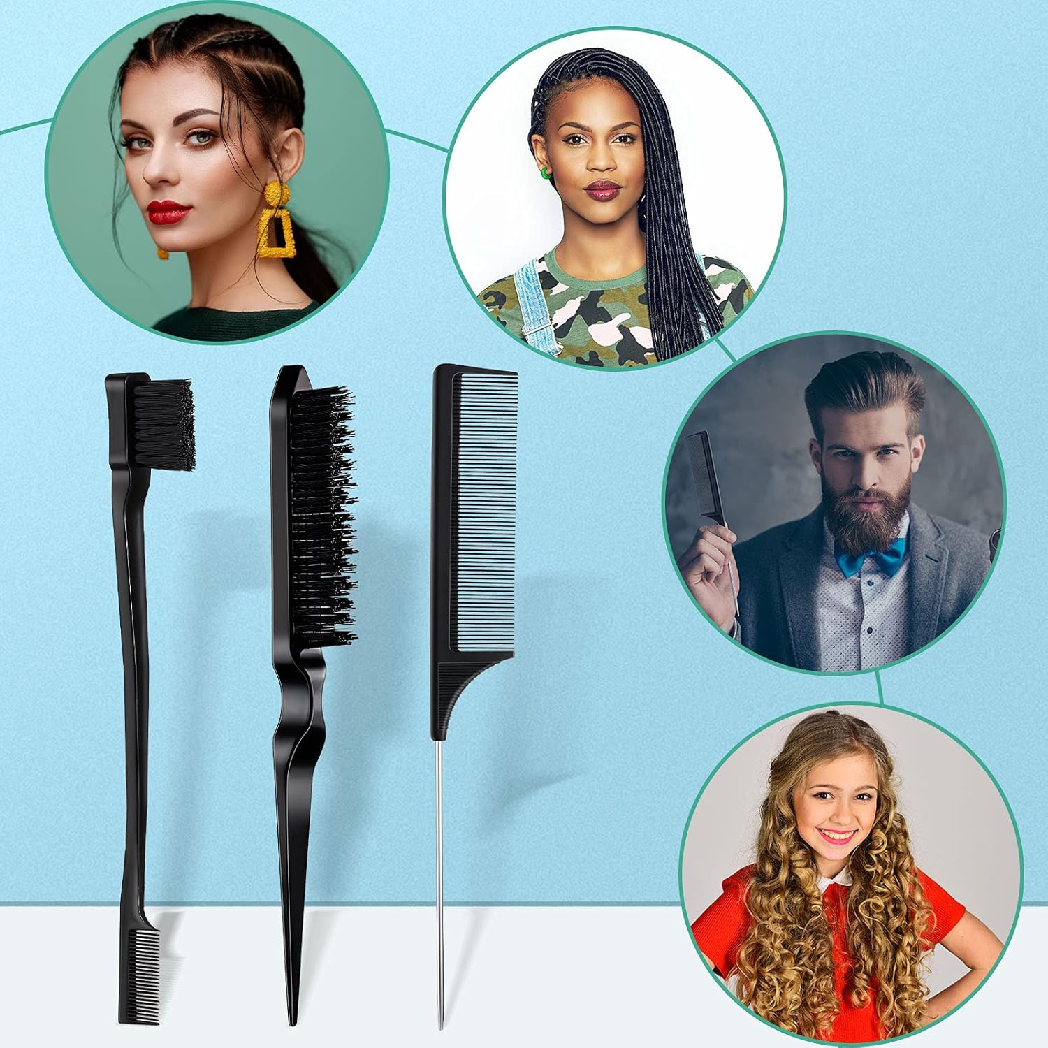 3 Pcs Slick Back Hair Brush Set Bristle Brush Edge Control Teasing Comb for Women Black Hair(Black) V1258-DP02-A-46