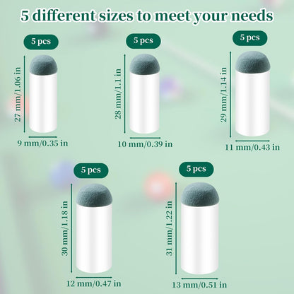 25PCS Slip On Pool Cue Tips, 9mm 10mm 11mm 12mm 13mm Pool Queue Stick Tips Replacement Kit, Billiard Cue V1258-DP02-A-479
