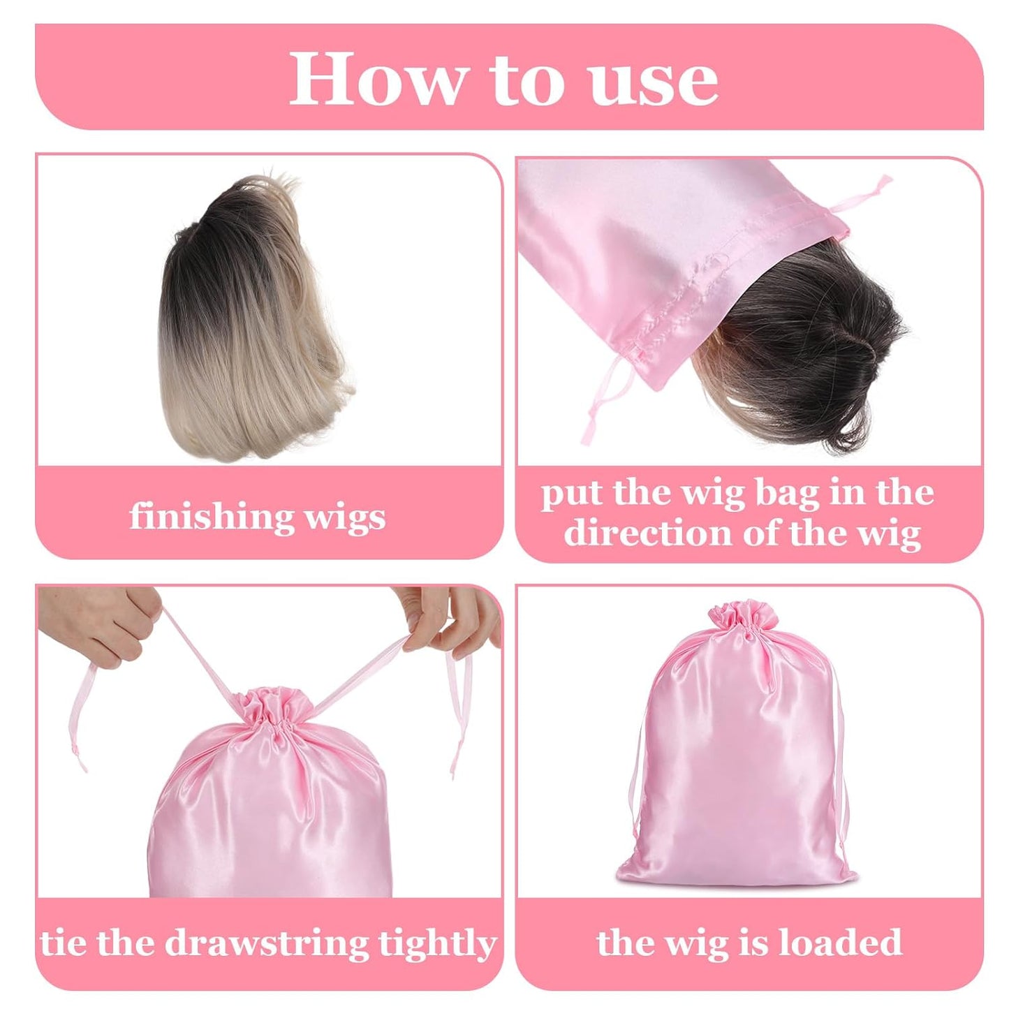 4Pcs Wig Bags with Satin Drawstring,Pink Wig Bags Storage for Wigs Extension Bundle V1258-DP02-A-491