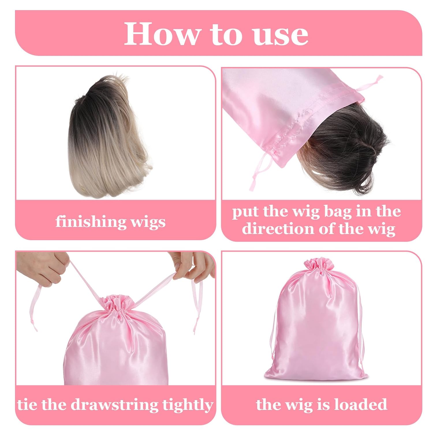 4Pcs Wig Bags with Satin Drawstring,Pink Wig Bags Storage for Wigs Extension Bundle V1258-DP02-A-491