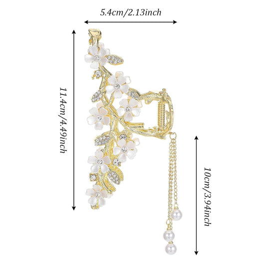 Floral Hair Clips,Elegant Lily Hair Clips with Dangling Pearls Tassel Bun Holder Gold Floral Claw Clip Lilly V1258-DP02-A-510