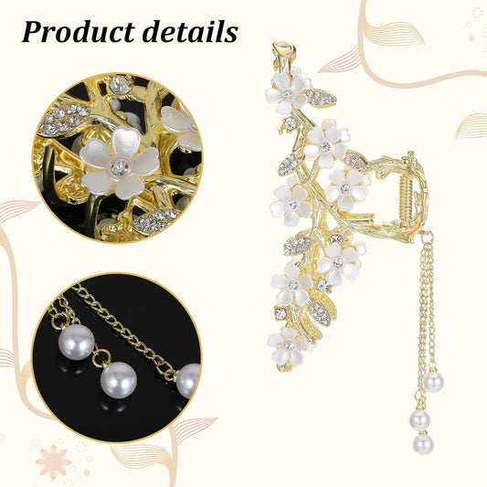 Floral Hair Clips,Elegant Lily Hair Clips with Dangling Pearls Tassel Bun Holder Gold Floral Claw Clip Lilly V1258-DP02-A-510