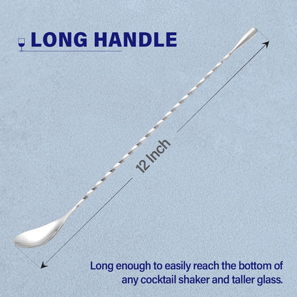 Bar Spoon Cocktail Mixing Stirrers for Drink, Stainless Steel 12 Inches Long Handle, Silver 2 Pieces V1258-DP02-A-52