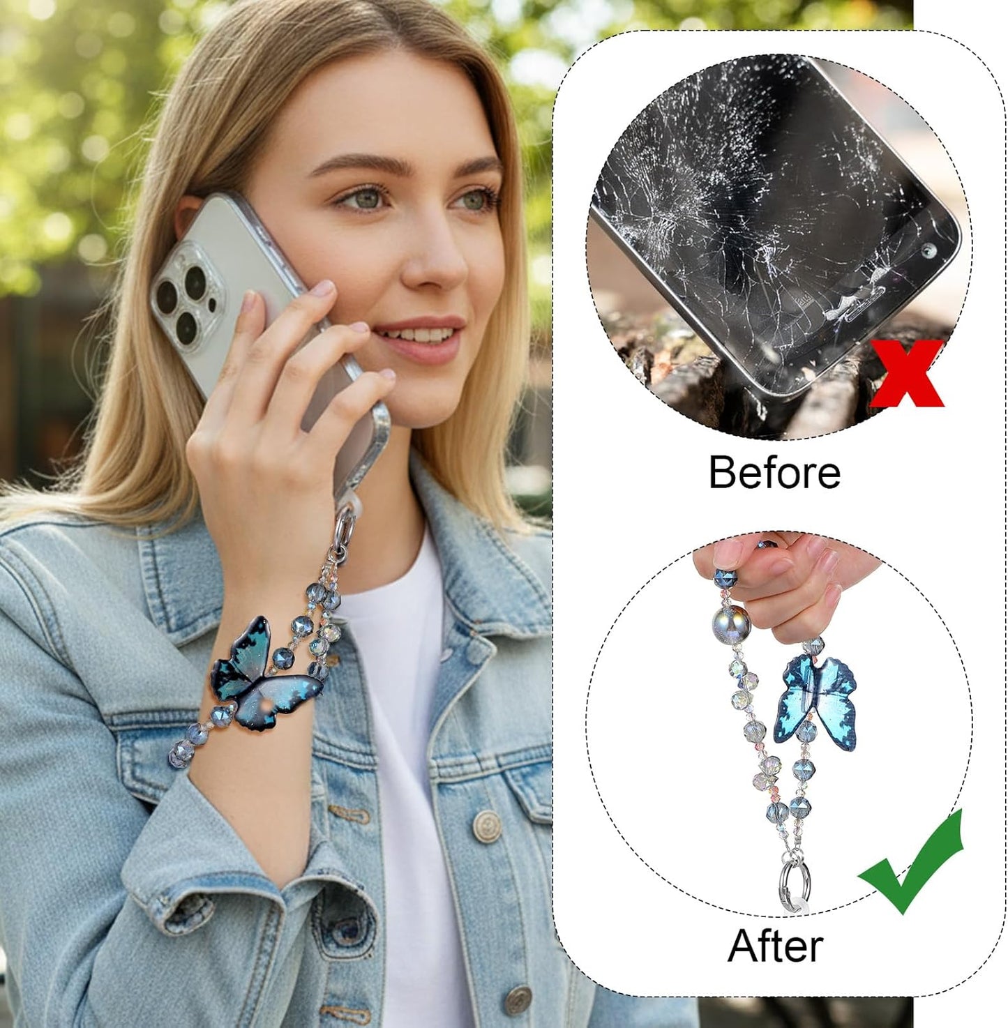 Cute Phone Charm Wrist Strap with Spacer,Butterfly Beaded Phone Chain Wristlet for Case Cellphone Chain V1258-DP02-A-525